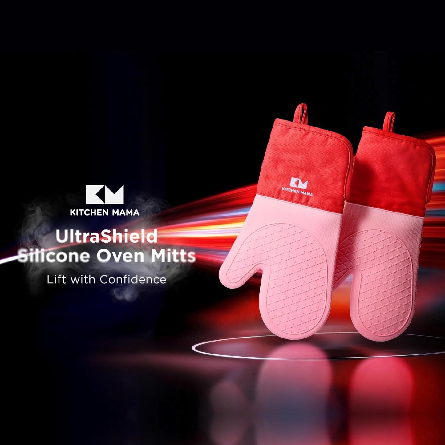 Kitchen Mama UltraShield Silicone Oven Mitts – Heat Resistant, Non-Slip Surface, Durable, Safe, Pot Holders, Flexible Waterproof Glove Set, Perfect for Cooking, Baking, Grilling, BBQ (Red)