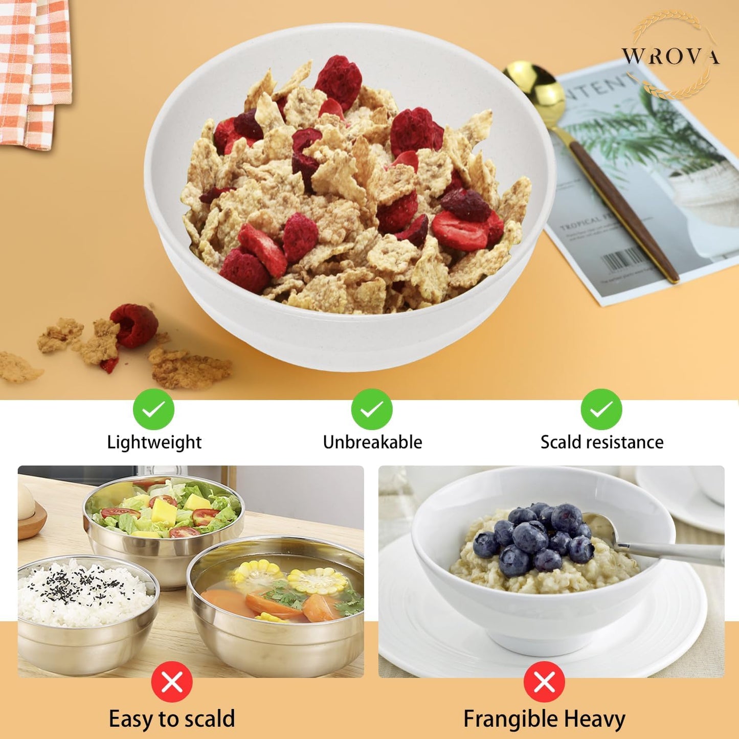 Wheat Straw Bowls Set 60 OZ, Unbreakable Large White Bowls Set of 6, Microwave and Dishwasher Safe Big Cereal Bowl for Dorm and Apartment, Salad Bowl for Serving Oatmeal and Popcorn (White)