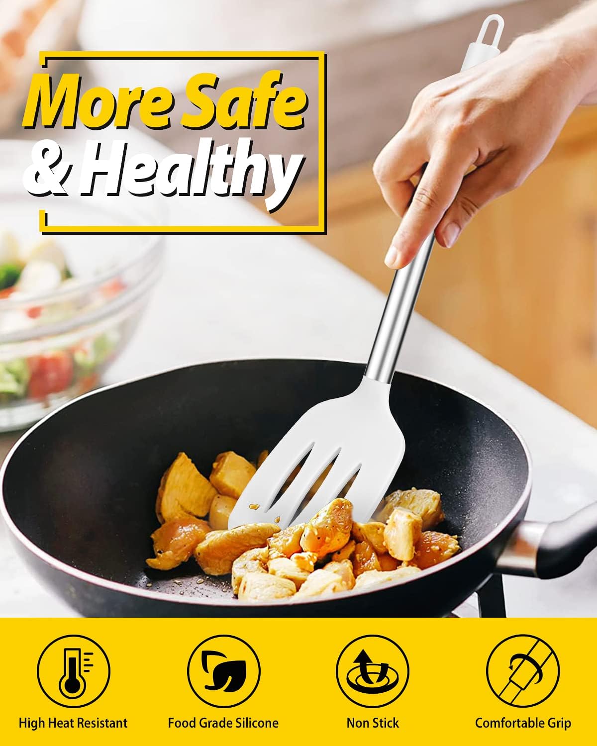 Pack of 2 Silicone Solid Turner, Non Stick Slotted Kitchen Spatulas, High Heat Resistant BPA Free Cooking Utensils, Ideal Cookware for Fish, Eggs, Pancakes(White)