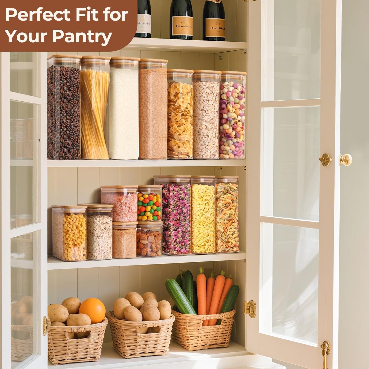 ComSaf 2.2 Qt Rectangle Glass Storage Containers with Lids, Glass Jars with Bamboo Lids, Clear Food Storage Jar, Tall Spaghetti Container, Pantry Storage Container for Pasta Flour Oats Nuts Rice
