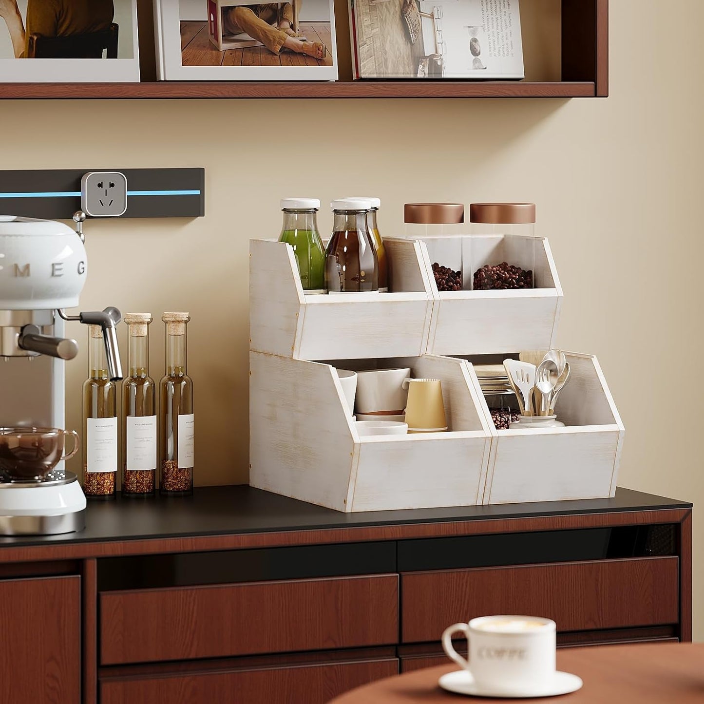 2 Set Bamboo Pantry Storage Bins Wood Stackable Baskets Potato and Onion Storage Bins Fruits Vegetable Bread Organization for Kitchen Counter