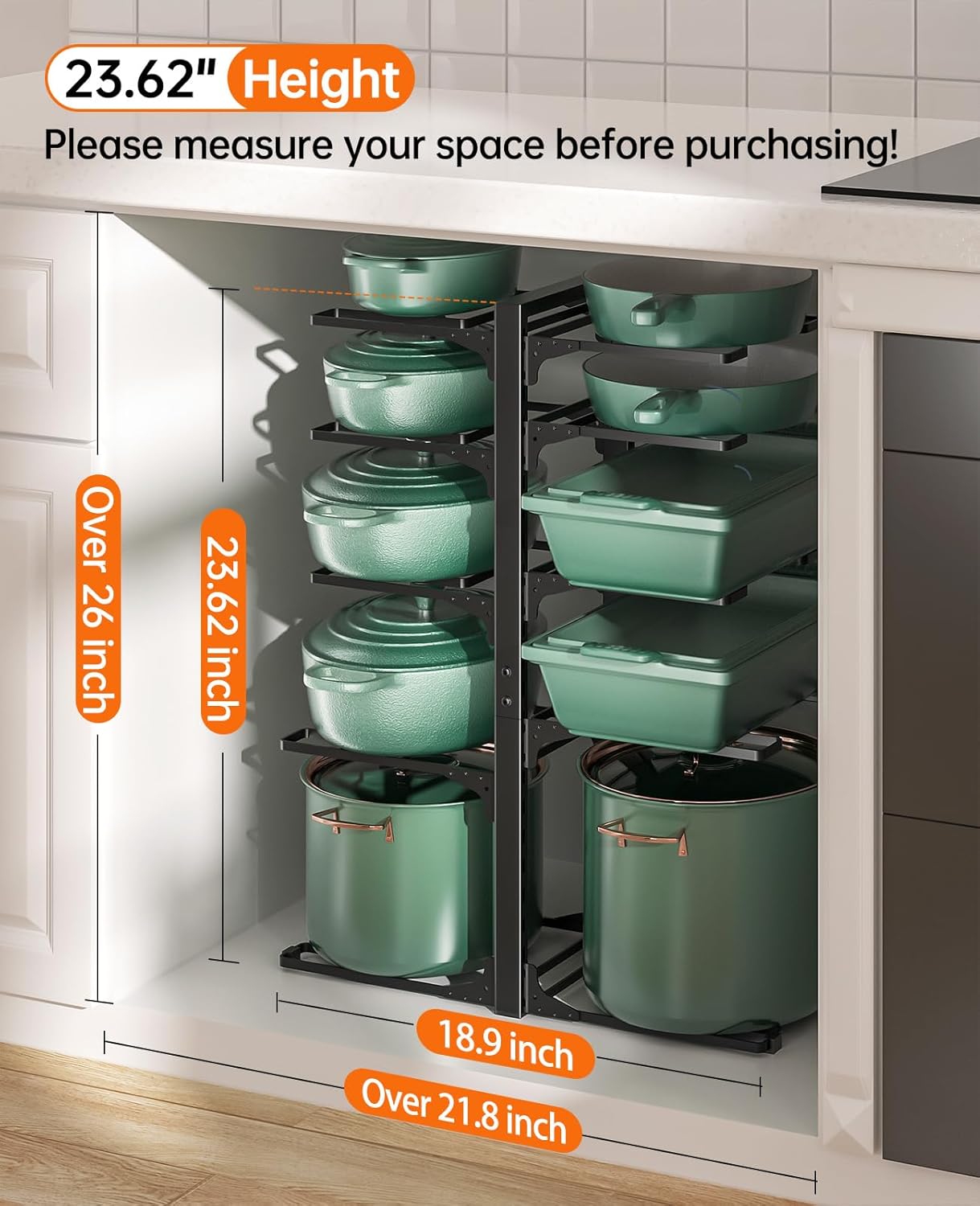 ORDORA 10-Tier Pots and Pans Organizer under Cabinet, Kitchen Cabinet Organizers and Storage, Heavy Duty Pots and Pan Storage Rack Organizer inside Cabinet, Adjustable