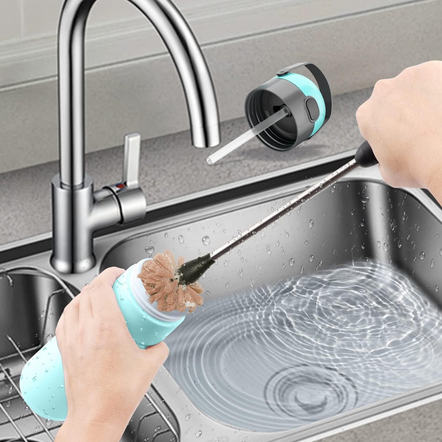 Stainless Steel Long Handle Water Bottle Brush, Flexible Scrubbing Brush for Cleaning Water Bottles, Baby Water Bottles, Glassware, Food Jars, Sports Jugs, Sobriety Jugs, 15 in.