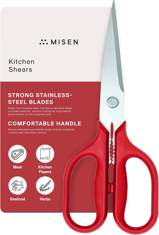Misen Heavy Duty Kitchen Shears - Versatile Scissors for Meat, Poultry & More - Easy Clean, Professional Grade - Ambidextrous Comfort Handle - Red