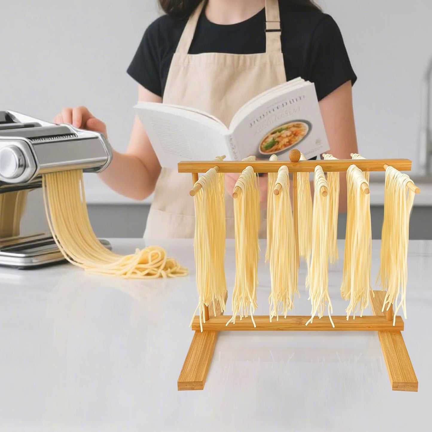 Bamboo-Pasta-Drying-Rack with Transfer Wand & 14 Arms, Large Collapsible Fresh Pasta Dryer Holder for Homemade Noodle, Spaghetti, Tagliatelle, Detachable Fettuccine Hanger Stand with 14 Bars
