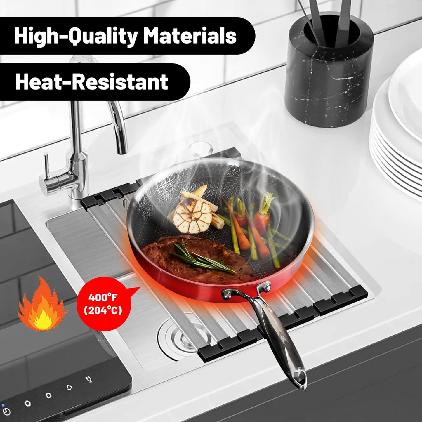 17.5" X 13" Roll Up Dish Drying Rack, 304 Stainless Steel Over Sink Dish Drying Rack, Foldable Heat-Resistant Dishes Drainer for Kitchen and RV Sink Counter, Black