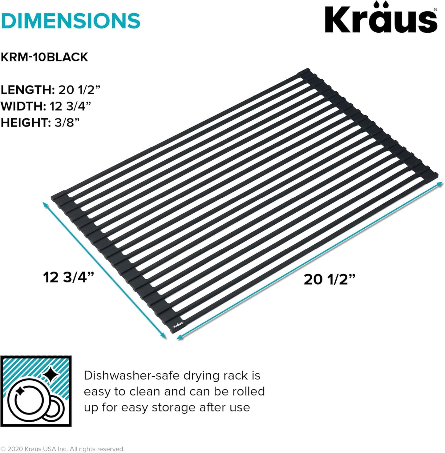 Kraus Roll Up Dish Drying Rack with Self-Draining Silicone Dish Drying Mat and Silicone Soap Dish Holder in Black, KDM-KRM-10BL