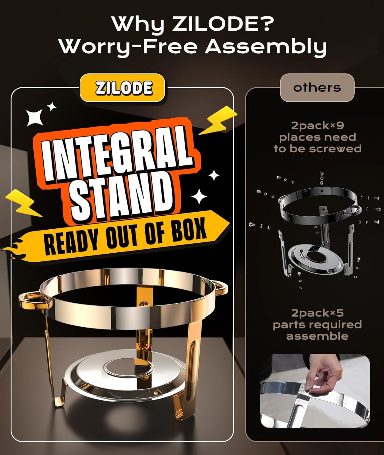 Chafing Dishes for Buffet 2 Pack, 6QT [Worry-Free Assemble] Round Chafing Dish Buffet Set [Elegant Gold and Silver Colors] Stainless Steel Chafers and Buffet Warmers Sets for Parties with Complete Set