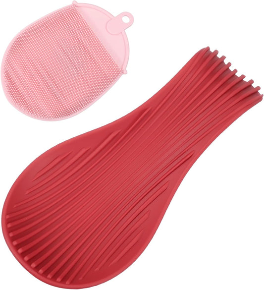 uxcell 1 Set Silicone Spoon Rest for Stove Top, Silicone Spoon Holder for Cooking Spatula, Ladle, Brush Red/Pink