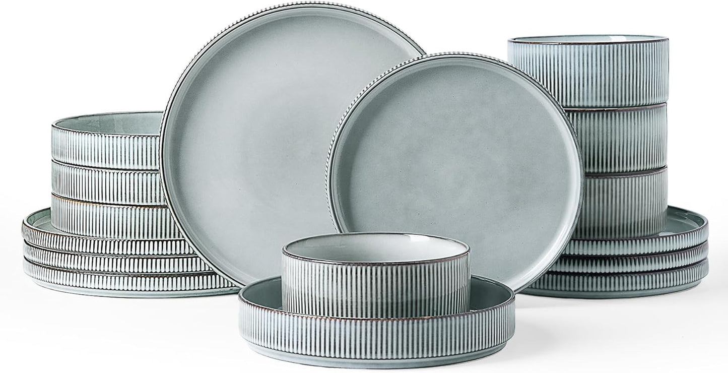 Famiware Star Dinnerware Set with Pasta Bowls, Service for 4 (16pcs), Ribbed Stoneware Plates and Bowls Dishes Sets - Chip & Scratch Resistant, Microwave & Dishwasher Safe, Smoky Blue