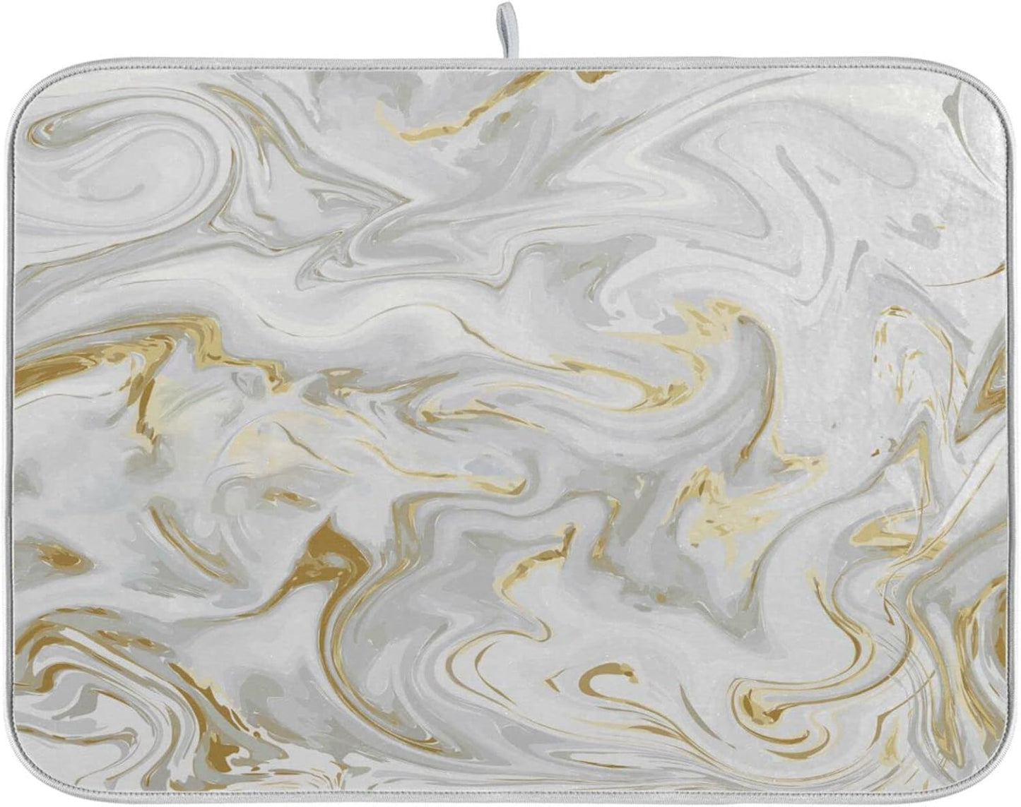 White Grey Gold Marble Fluid Dish Drying Mat for Kitchen Counter Absorbent Microfiber Drying Pad, Large 18x24 in, Reversible Drainer Mats