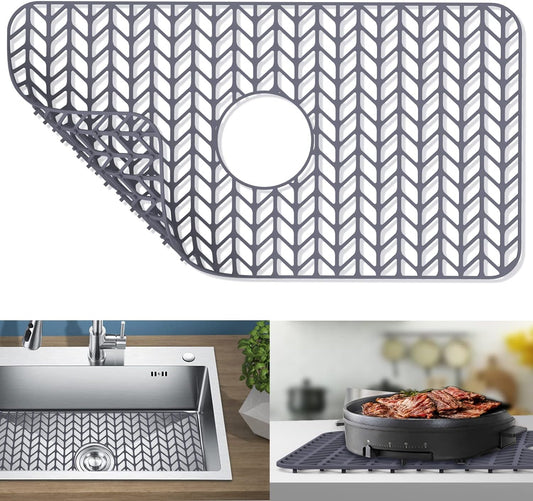 Silicone Protectors for Kitchen Sink, GUUKIN 26''x 14'' Sink Mat Grid for Bottom of Farmhouse Stainless Steel Porcelain with Center Drain (Grey)