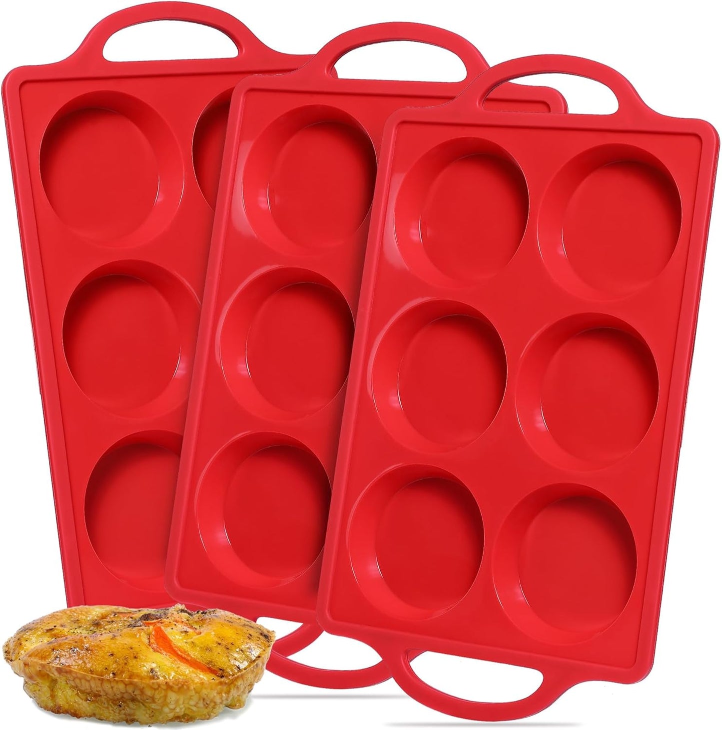 CAKETIME Muffin Top Pan Non Stick, 3 Inch Metal Frame Round Egg Baking Pan for Oven English Muffins, Whoopie Pies, Corn Bread, Egg Bites, Breakfast Sandwiches Tarts 3 Pack Red