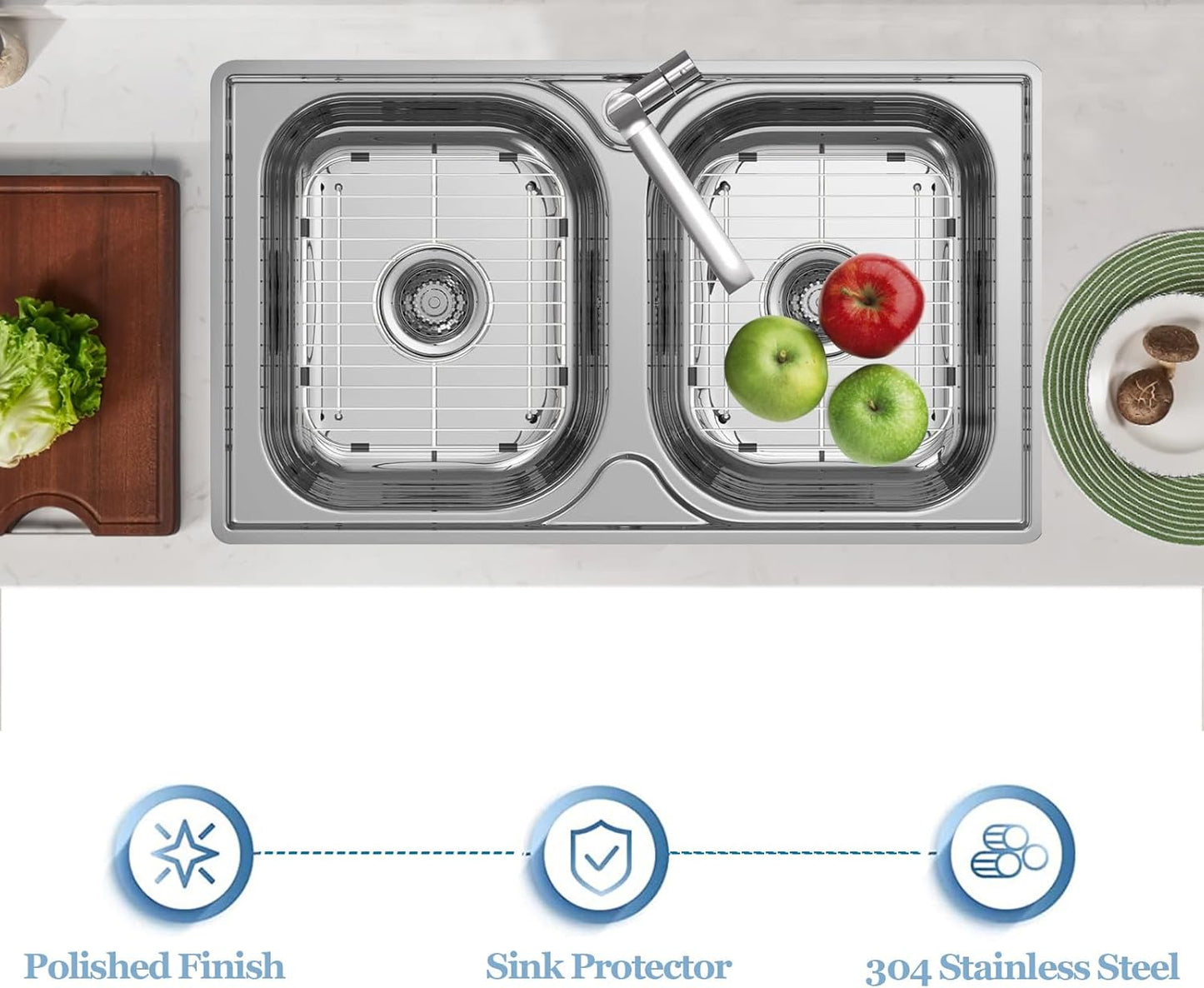 Bottom of Sink Protector Rack, Stainless Steel 13.2"x11.6" Sink Grid Dish Drying Rack Grate with Center Drain Hole 2 Packs