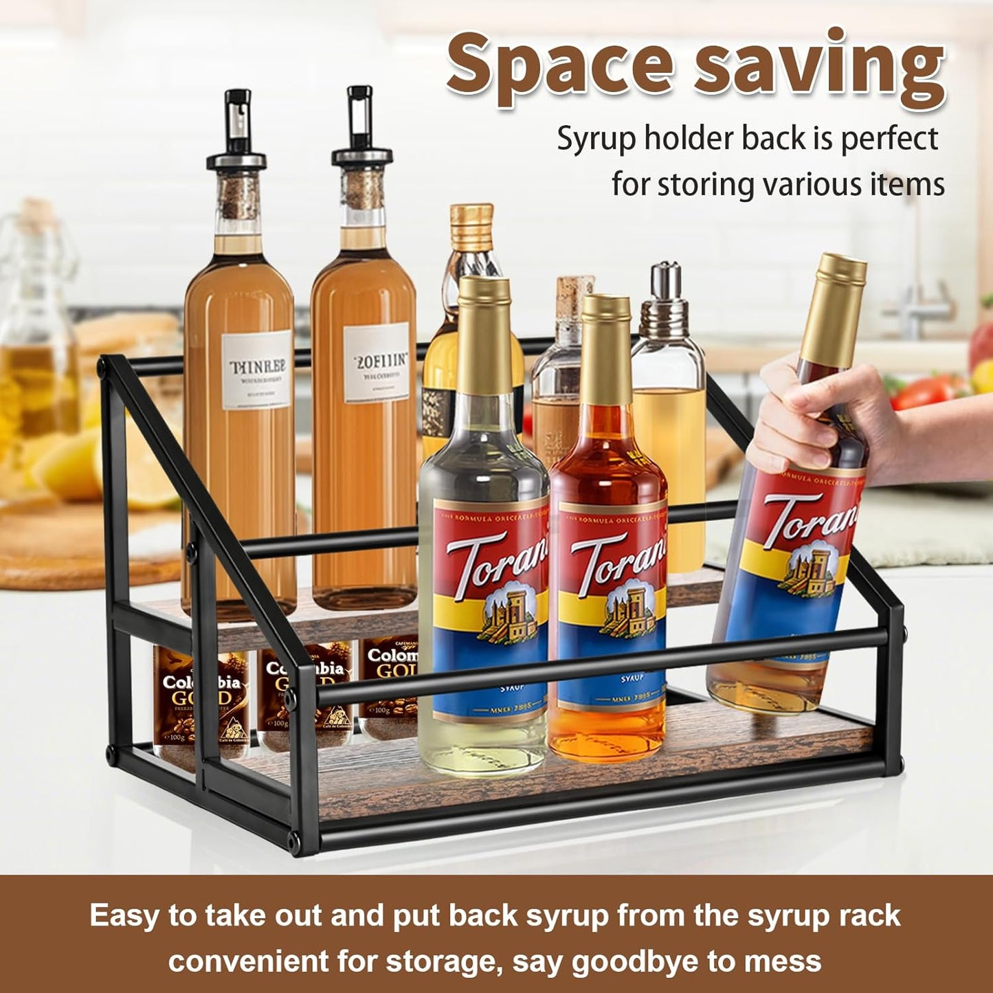 Coffee Syrup Organizer, 2-Tier 8 Bottles Coffee Syrup Rack for Coffee Bar, Coffee Syrup Stand for kitchen coffee station, Coffee Syrup Holder for Syrup, Wine, Dressing