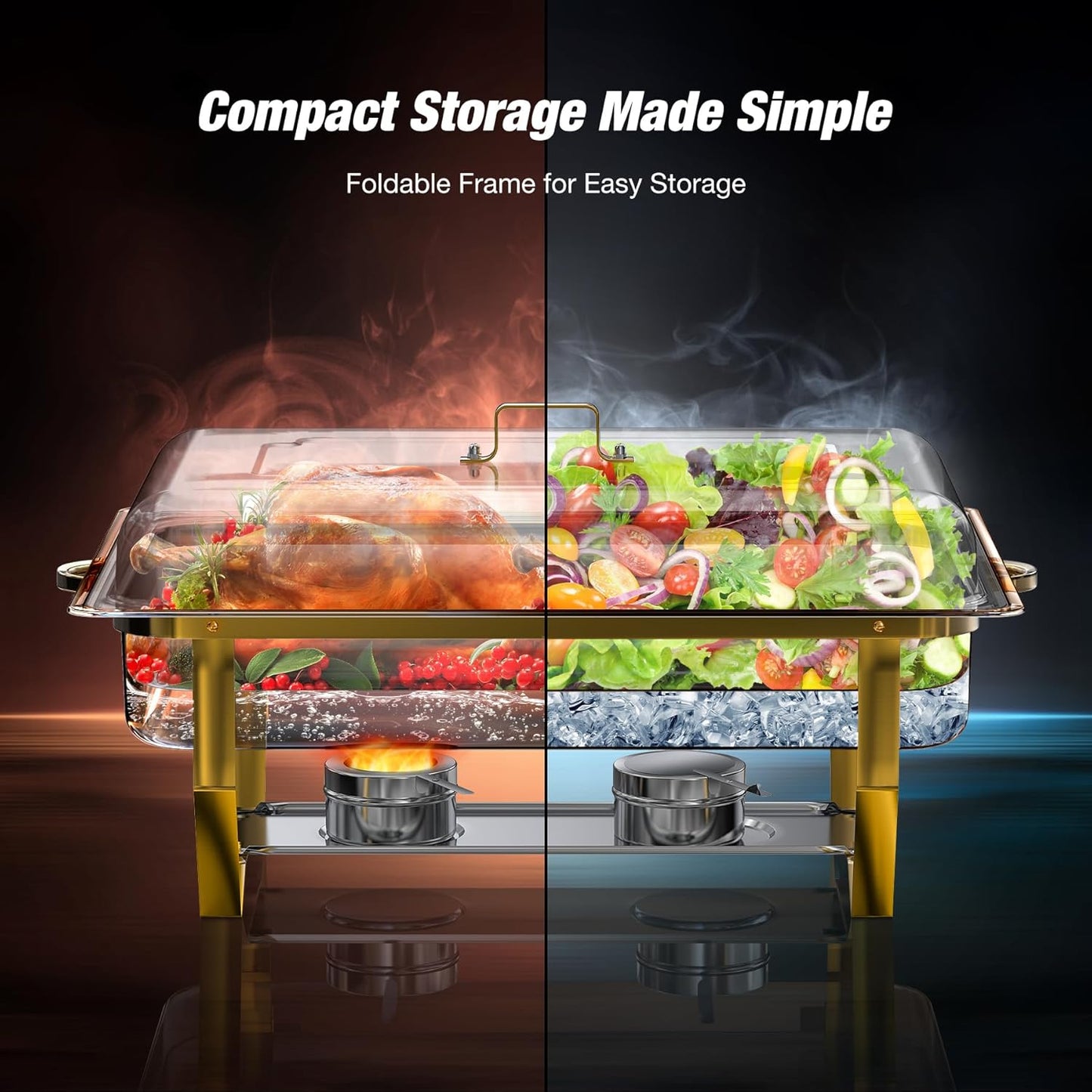 Gold Chafing Dishes for Buffet (9QT, 4 Pack) - Easy Assembly, Food-Grade Stainless Steel Chafers for Catering w/Rolled Edge Design, Foldable Frame, for Party, Banquet (Full Size Food Pan)