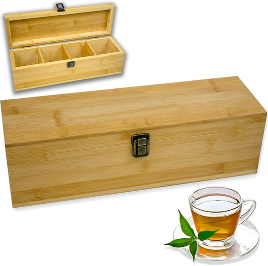Bamboo Tea Organizer Box Chemical Free Eco-Friendly Big, Tall, Adjustable Cubbies Natural Wooden Storage Chest (4-Slot Across 14.3"x 4.4" x 4.2")