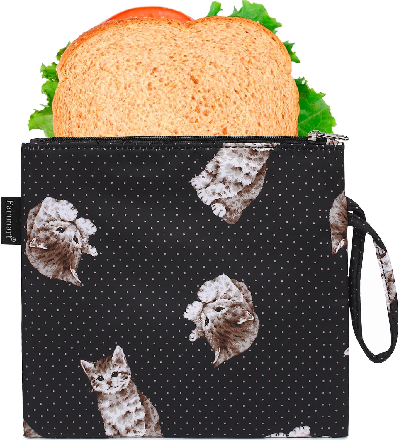 Reusable Sandwich Bag/Snack Bag for Kids & Adults, Dual Layer Lunch Bag with Handle, Washable, Food Safe, BPA Free (1-Pack, Dot&Cat)