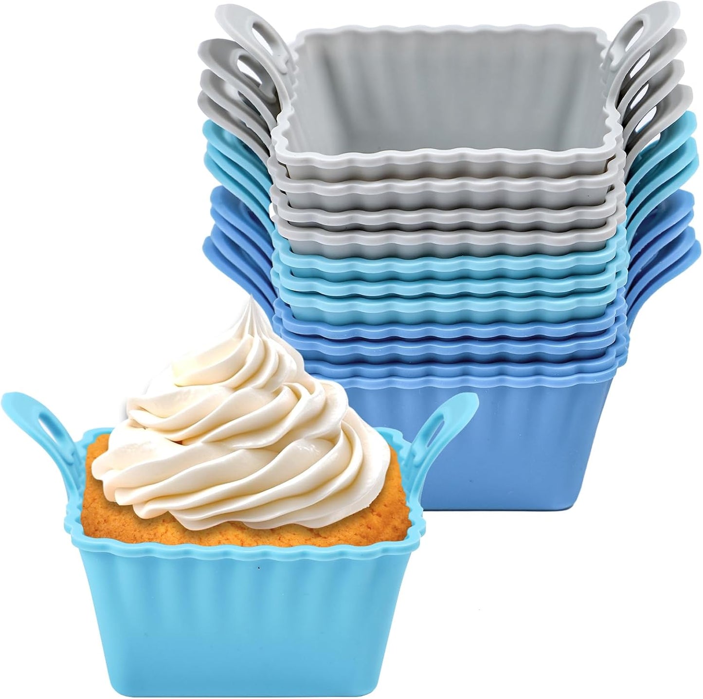 Koluti Reusable Silicone Baking Cups Set of 12, Nonstick Muffin Cupcakes Mold with Double Handle, BPA Free, Mini Square Air Fryer Cupcake Liners, 3 Colors