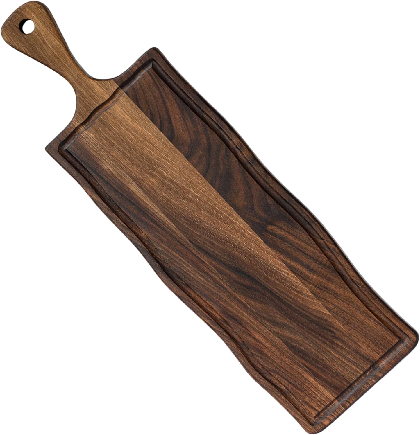 Elegant Walnut Wood Long Serving Board with Handle - Charcuterie Wooden Board - Stylish Versatility for Culinary Delights - Reversible with Juice Groove - 27.6x6.3x0.8 in - Woodie Poppins (Medium)