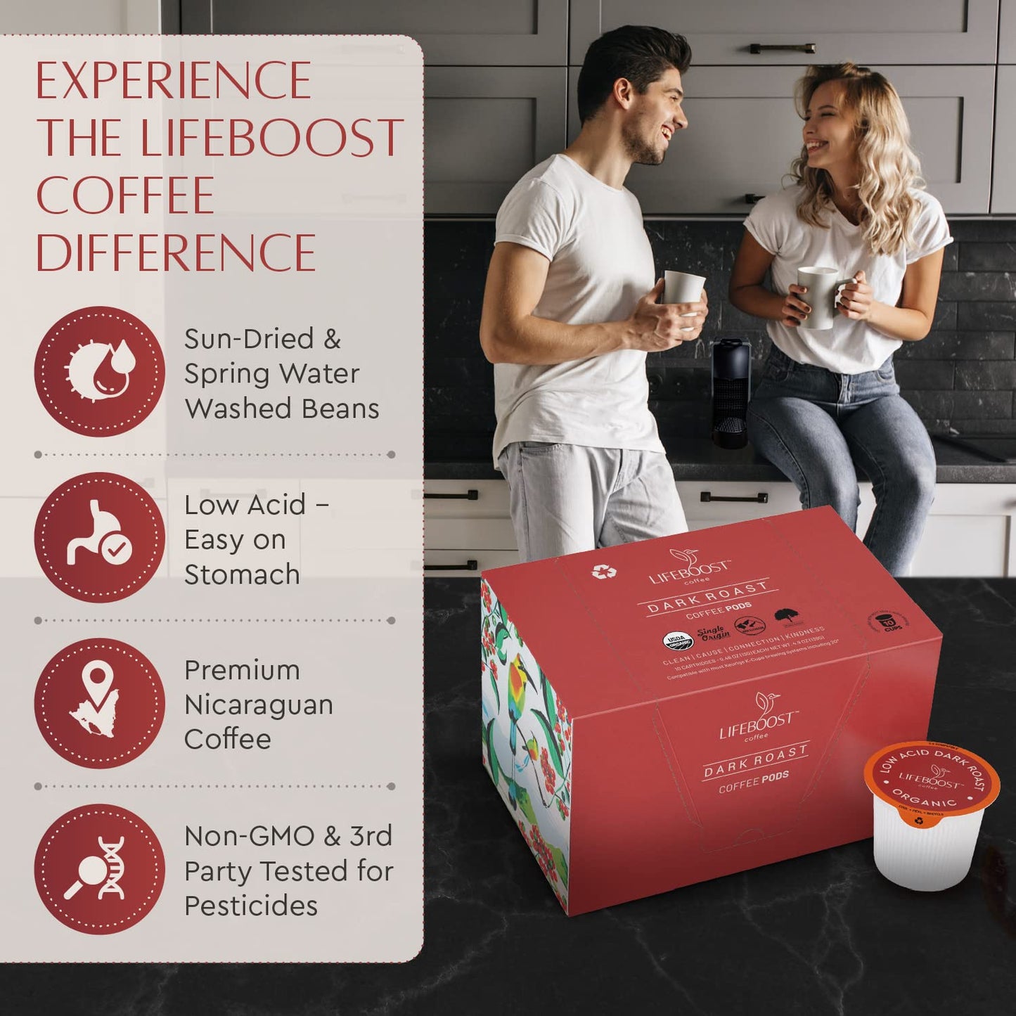 Lifeboost Dark Roast Low Acid Coffee K Cups - Single Origin Mold Free Non-GMO Organic Coffee Pods - Compatible with Keurig & Keurig 2 Machines - 10 Count