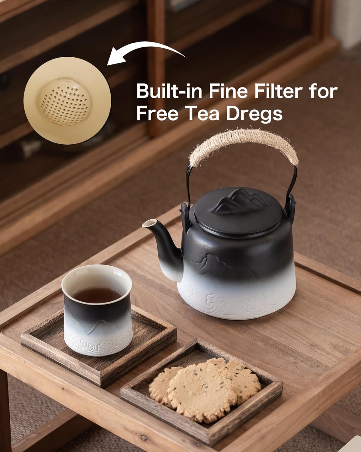 ZENS Vintage Japanese Teapot, 33.8 oz Gradient Embossed Ceramic Loose Leaf Tea Pot with Built-in Filter for Tea Steeper, Hemp Rope Handle Japanese Teapot for Tea Lovers Gifts, Black & White