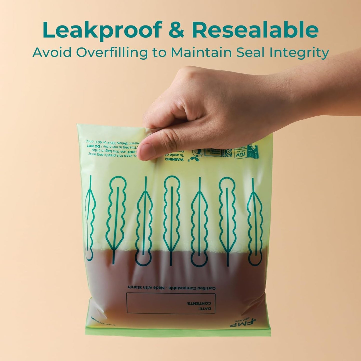 Fit Meal Prep 50 Pack 100% Compostable Food Storage Bags, 7 x 8" Resealable Freezer Bags Quart Size for Meat, Fruits, Plant-Based Sandwich Bag, ASTM D6400, US BPI & EU OK Compost Certified