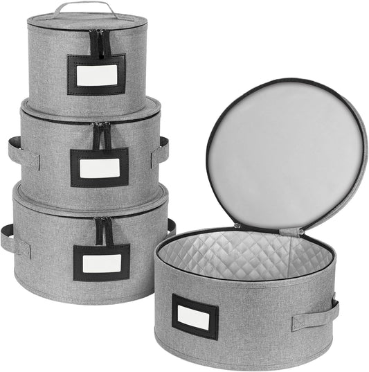 BALEINE China Storage Containers, Sturdy Quilted Wine Glass Storage, Plate Organizer with Carry Handles, Moving Boxes for Dishes, Cups, Mugs and Stemware (Plate, Hard Shell Grey)