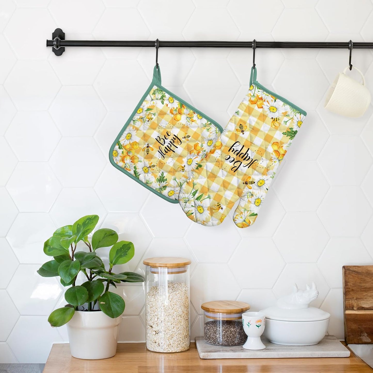 Bee Daisy Oven Mitts and Pot Holders Sets 100% Cotton Heat Resistant, Extra Long Oven Gloves Potholder for Kitchen Cooking Baking Housewarming