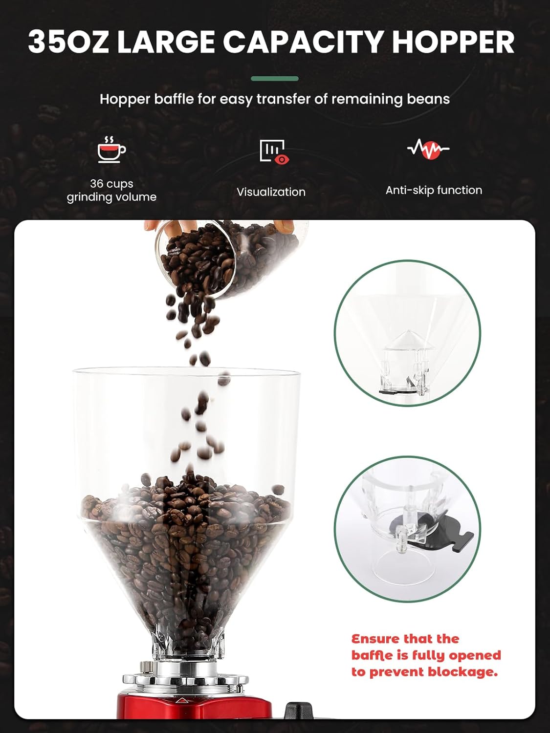 Huanyu Flat Burr Coffee Grinder with 19 Grinding Settings Bulk Electric Coffee Bean Grinder Adjustable Large Capacity 35oz Red