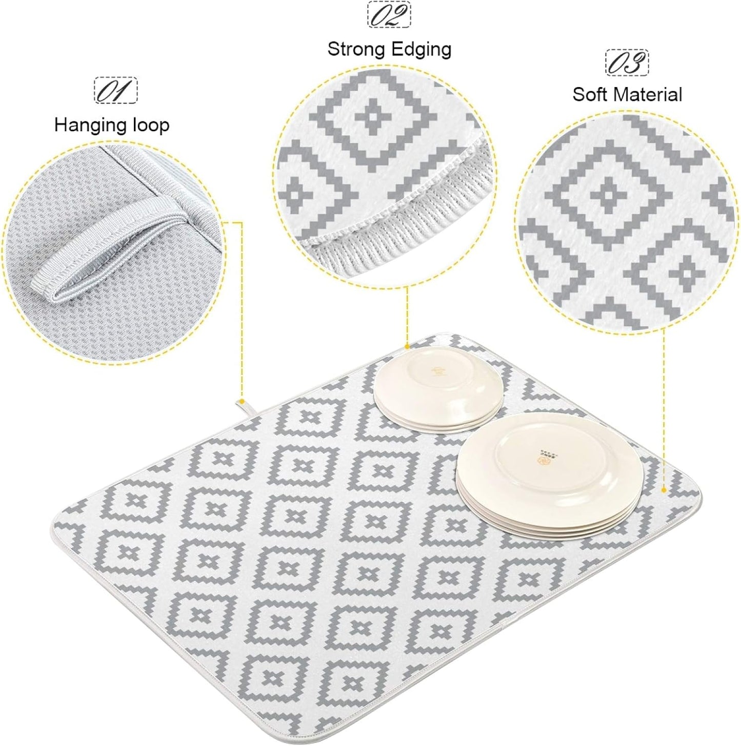 Super Absorbent Dish Drying Mat, Microfiber Fast-Drying Dish Mat, 16" x 18, Kitchen Dish Drying Pad, White Moroccan Rhombus Plaid