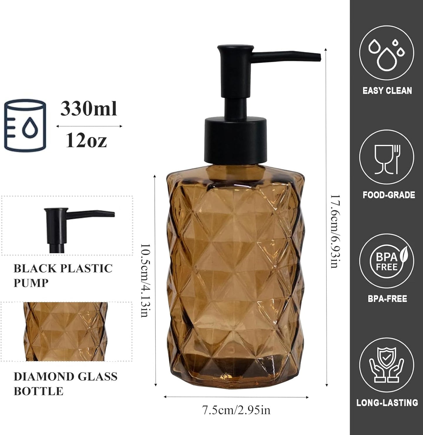 12Oz Small Glass Soap Dispenser with Black Plastic Pump, Brown Refillable Kitchen Countertop Liquid Hand Soap Dispensers with Diamond Design, Crystal Bathroom Lotion Bottle for Dispense Dish Soap