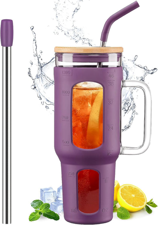 Glass Tumbler with Lid and Straw, 46 oz Iced Coffee Cup with Handle, Glass Water Bottles with Silicone Sleeve, BPA Free-Purple