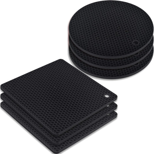 homEdge Silicone Square Trivets Mat, 6 Packs Multipurpose Non Slip Heat Resistant Pot Holder-Black