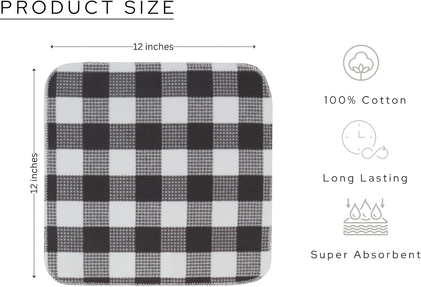 Waffle Weave Plaid Dish Cloths, 100% Cotton - 12 x 12 Inches, Ultra Soft Absorbent Quick Drying Dish Towels Buffalo Check Dish Rags for Kitchen, 6 Pack - Spring Summer - Steel Grey and White