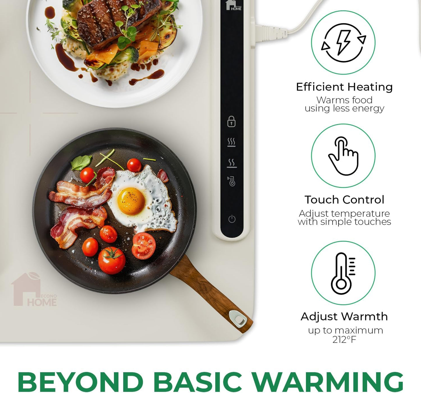 EconoHome Food Warming Mat - Electric Food Warmer - Fast Heating, 3 Heat Levels, Large Surface Area, Constant Temperature - Portable Silicone Warming Tray for Meals