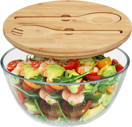 ShineMe Glass Salad Bowl, 4.7 Qt Large Mixing Bowl with Lid and Built in Utensils, Versatile Trifle Bowl for Serving, Mixing, Preparing, Storing, and Decoration in Kitchen
