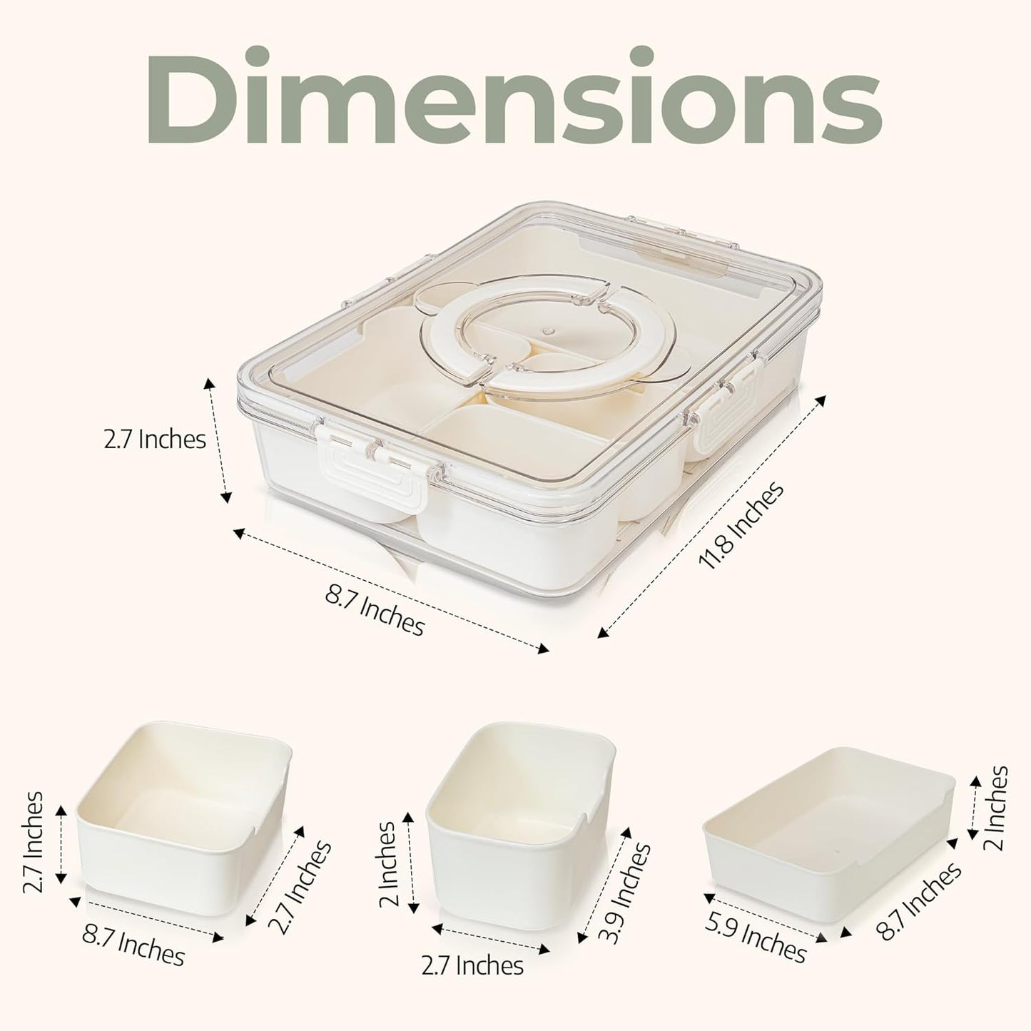 Mason & Meadow Small Snackle Box Container - Travel Snack Box Container - Snacklebox - Divided Serving Tray With Lid and Handle - Portable Snack Tray With Lid - Snackle Boxes (4 Compartments - Cream)