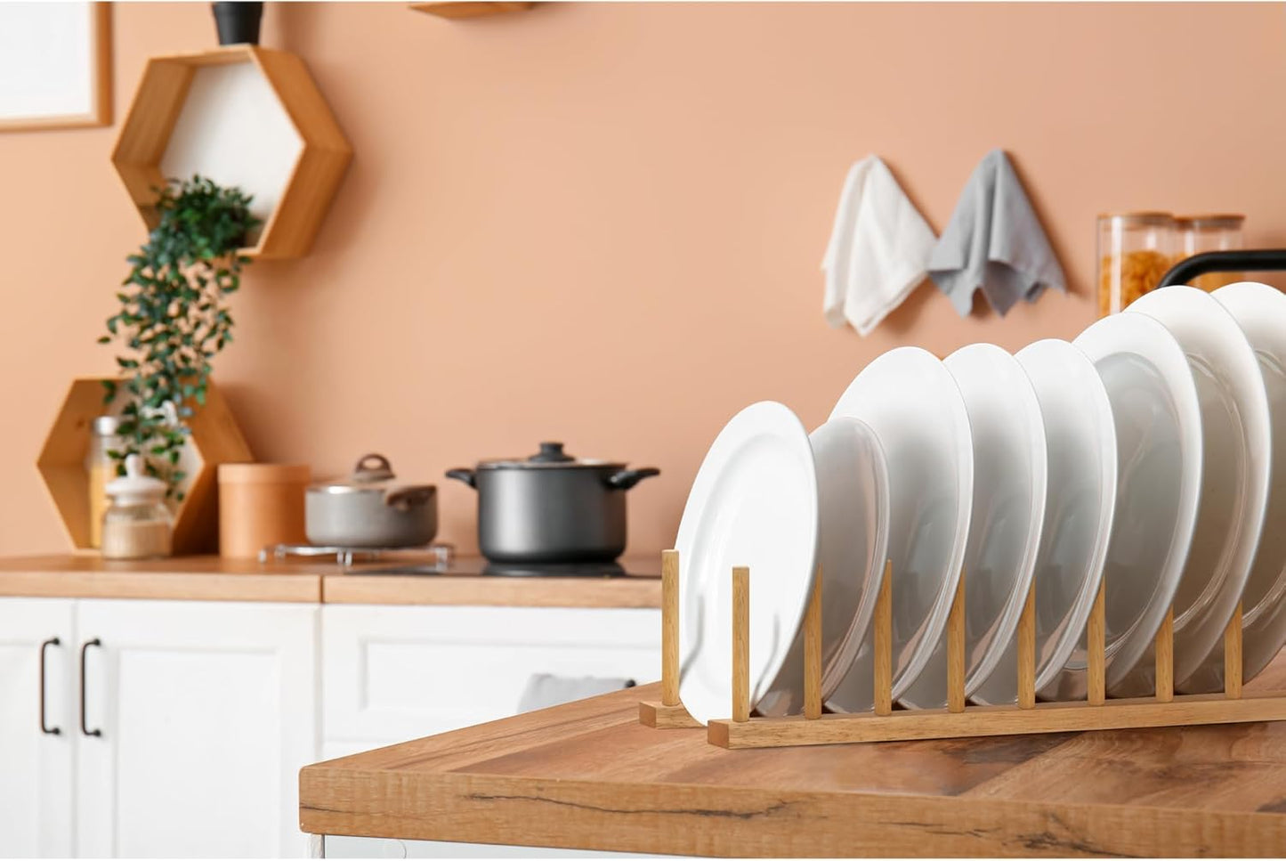 Solid Wood Kitchen Dish Drying Rack Plate Organizer for Kitchen Display Countertop (Pack of 2)