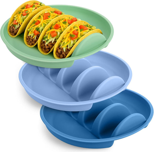 Silicone Taco Holder Plates Set of 3 - Reusable Taco Stand Plates with 4-Shell Slots, Oven/Microwave/Dishwasher Safe, Non-Slip Base for Tortillas Party Serving, Family Dinner & Meal Prep Accessories