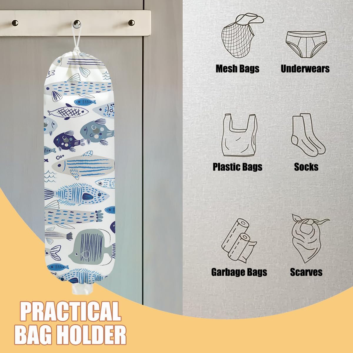 Fish Plastic Bag Holder, Wall Mount Grocery Bag Holder, Plastic Storage bag, Pull Rope Free Adjustment, Plastic Bag Holders for Grocery Bags, Plastic Bag Dispenser for Home Kitchen