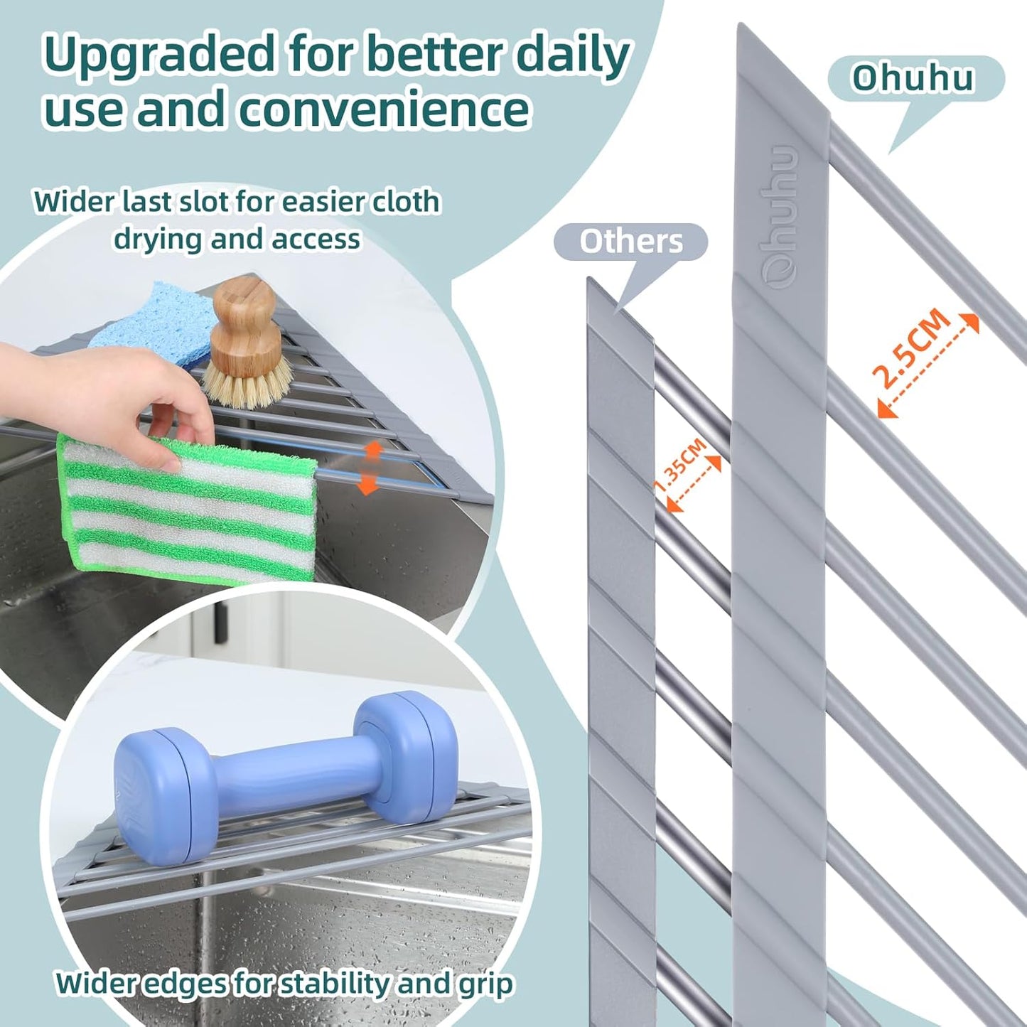 Ohuhu Triangle Roll Up Dish Drying Rack, Anti-Slip Organizer for Kitchen Sink Drying Rack with Full Silicone Wrapped for Top of Sink Coner Grey