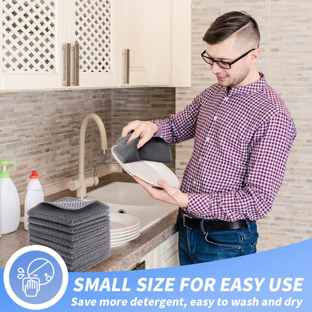 KinHwa Kitchen Washcloths for Dishes Absorbent Microfiber Dish Cloths Quick Dry Dish Rags with Poly Scour Scrub Side Ideal for Kitchen Cleaning(9, Grey, 7in)