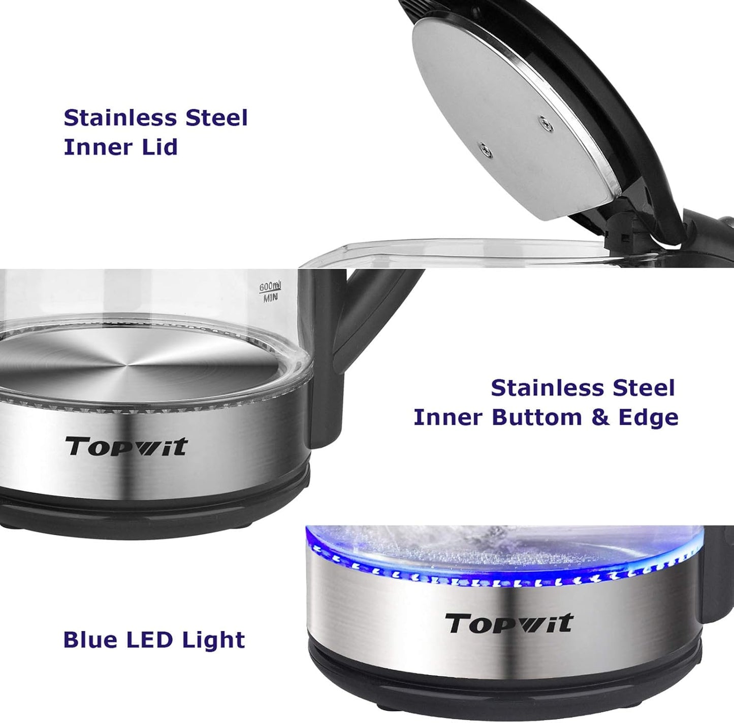 TOPWIT Electric Kettle Glass Hot Water Kettle, 2.0L Water Warmer, BPA-Free Stainless Steel Lid & Bottom, Tea Kettle with Fast Heating, Auto Shut-Off & Boil Dry Protection