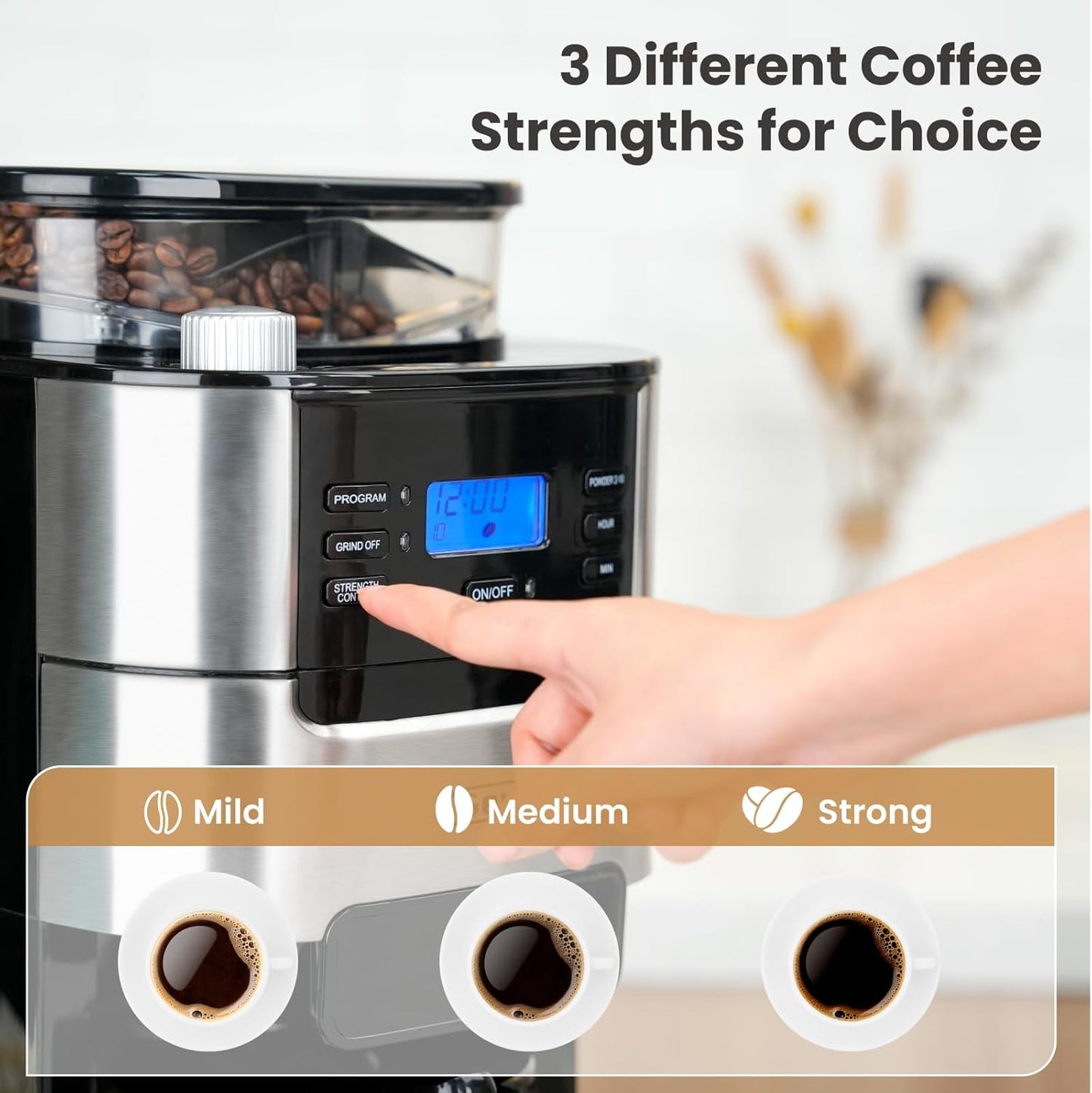 Gevi 10-Cup Coffee Maker with Built-in Burr Grinder, Programmable Timer, 1.5L Water Tank, Reusable Filter & Warming Plate – Drip Coffee Machine for Fresh Ground Coffee
