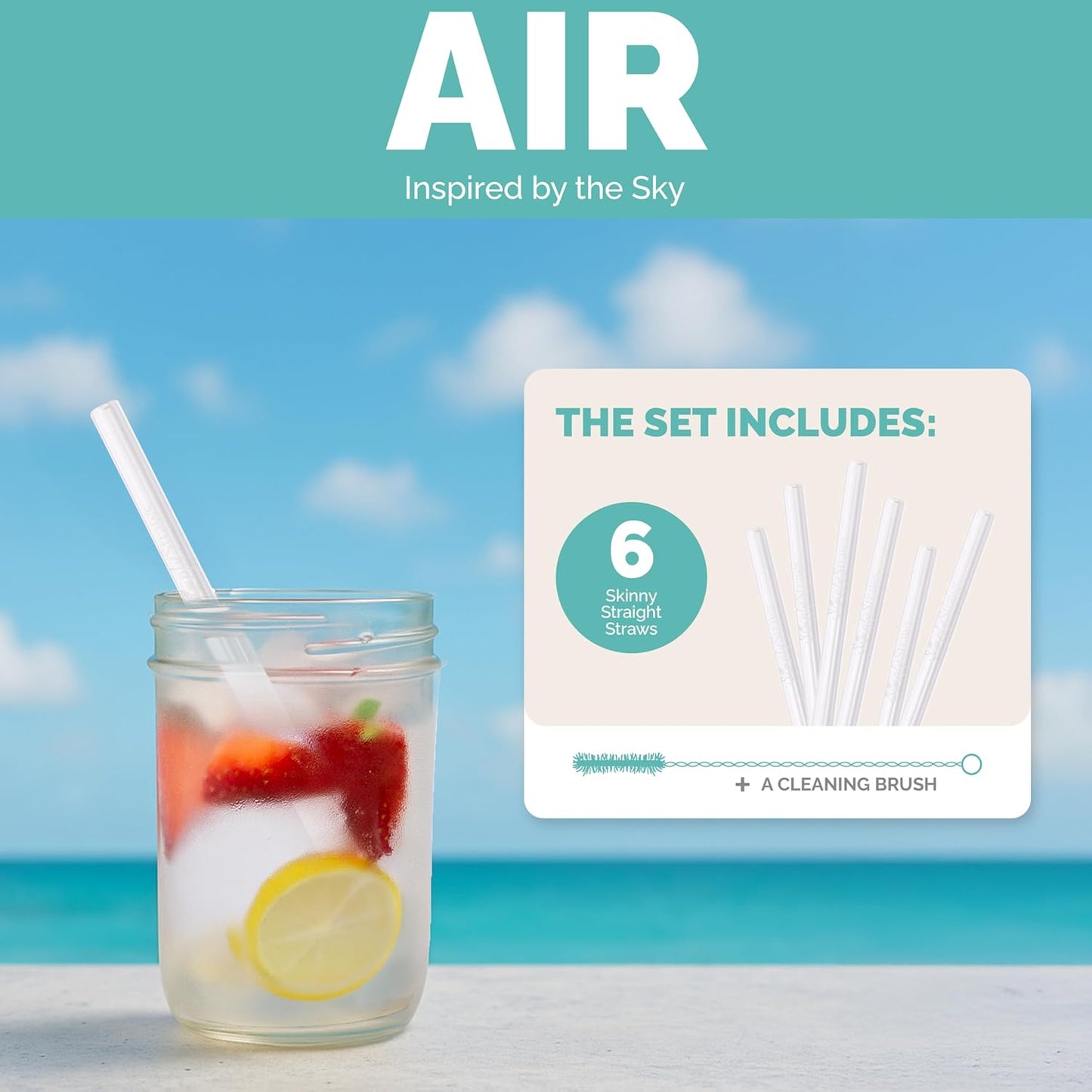 Simply Straws 6 Inch Skinny Glass Straws (6-Pack) - Reusable Cocktail Straws for Mixed Drinks, Low Balls, Coffee & Tea, with Cleaning Brush – Dishwasher Safe, Hot & Cold Use, BPA-Free (Air)