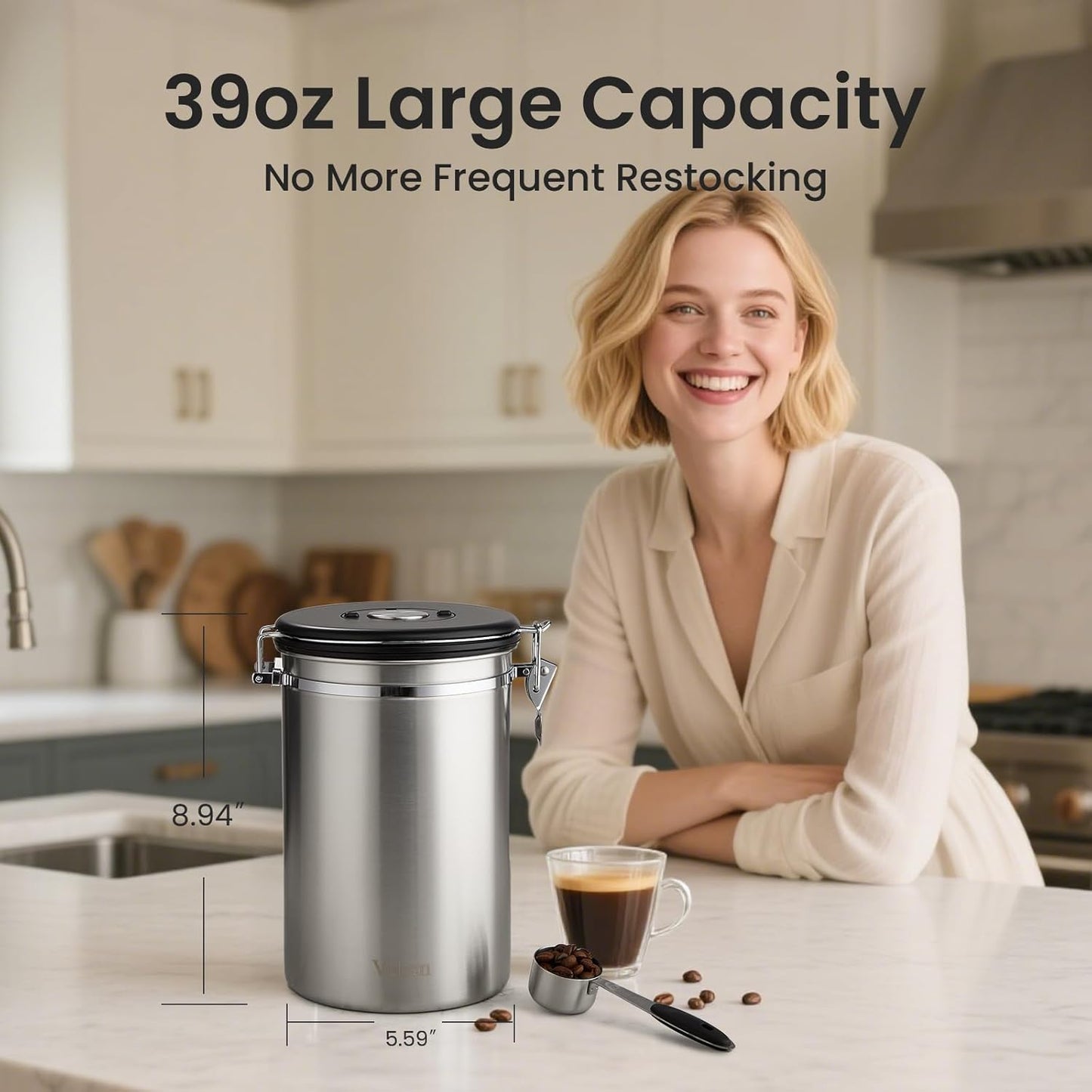 Veken Coffee Canister, 39OZ Large, Airtight Stainless Steel Food Storage Container for 2.2lbs Coffee Beans, Ground, Sugar, Tea, Flour, Rice, Cereal, Cookies Jars, Bar Accessories & Gifts, Silver