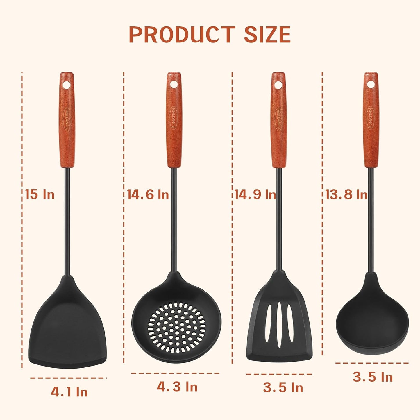 FJNATINH Silicone Wok Spatula,Turner,Ladle,Skimmer Set,Wok Tools, Wok Utensil,Non Stick Heat-Resistant Stainless Steel Cooking Utensils BPA Free Kitchen Utensils Cookware, Pack of 4,Black