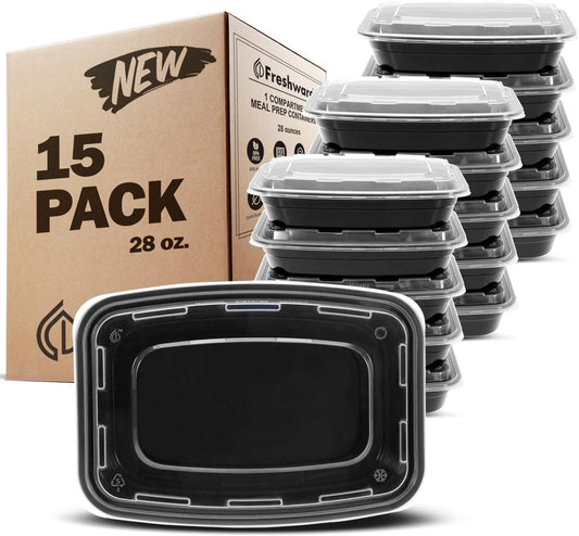 Freshware Meal Prep Containers 15 Count (Pack of 1) Compartment Food Storage Containers with Lids, Bento Box, BPA Free, Stackable, Microwave/Dishwasher/Freezer Safe (28 oz) (Color May Vary)