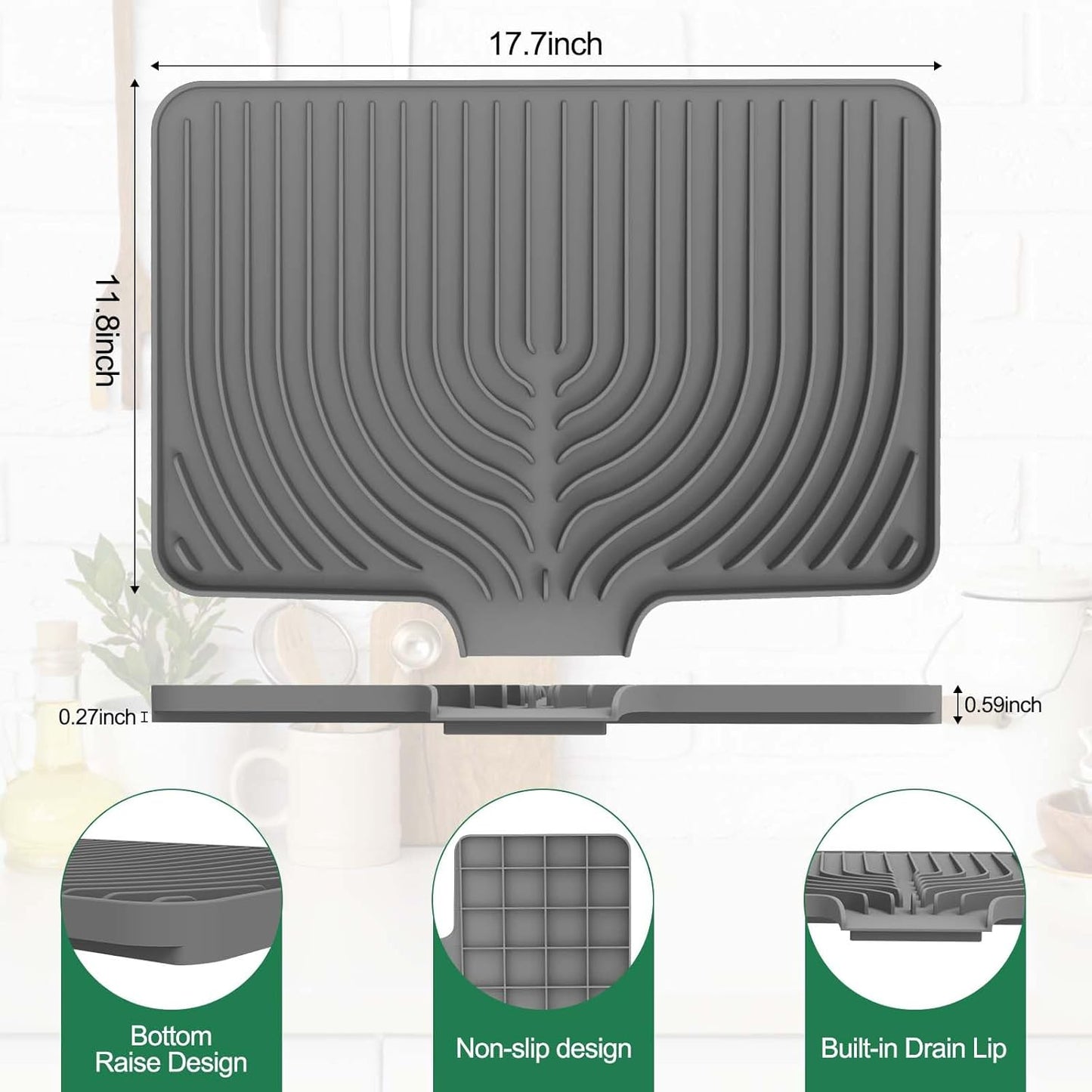 GUUKIN Silicone Dish Drying Mat, 17.7" x 11.8 " Drying Matt Kitchen Counter, Dish Drying Rack Mat, Easy Clean Pad for Countertop Protection, Multi-Functional Use (Grey)